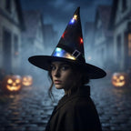 Chapeau de sorcière noir lumineux porté la nuit